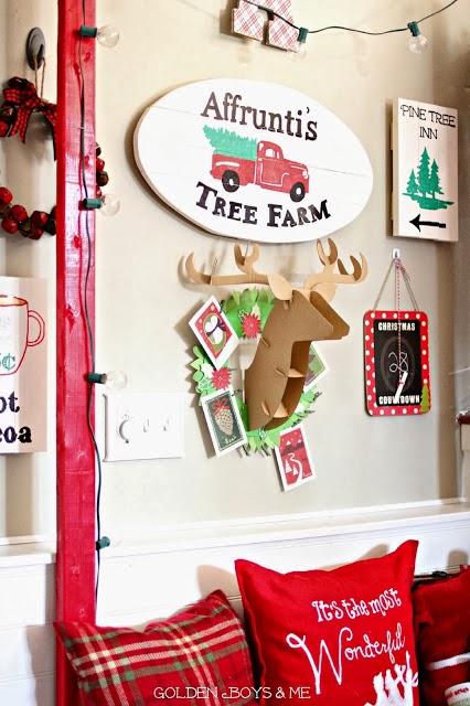 Hand painted Tree Farm sign on entryway gallery wall Christmas Home Tour-www.goldenboysandme.com