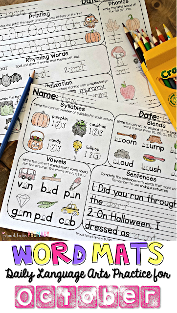 Proud to be Primary's October Word Mats provide tons of ELA practice of skills and spiraling review of concepts on each mat.