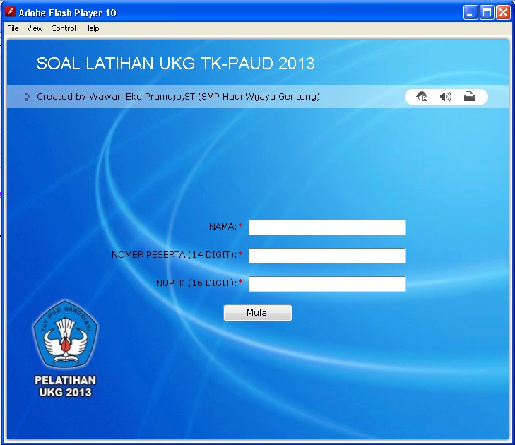 Contoh tampilan depan Aplikasi UKG Online 2013 untuk TK-PAUD
