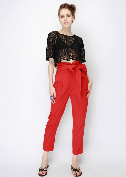 High Waist Pintucked Ankle Trousers with Belt