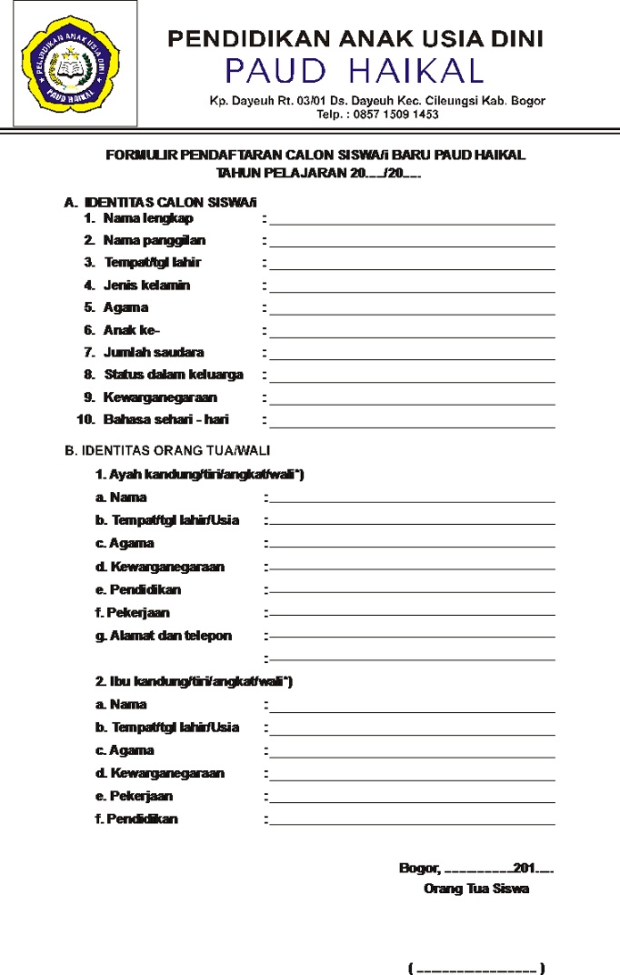 Paud Haikal Formulir Pendaftaran