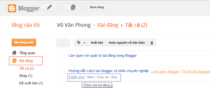 Quản lý bài đăng trong blogger