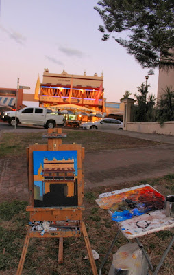 plein air oil painting of Windsor Seafoods A.C.Stearn building in Thompson Square Windsor by artist Jane Bennett