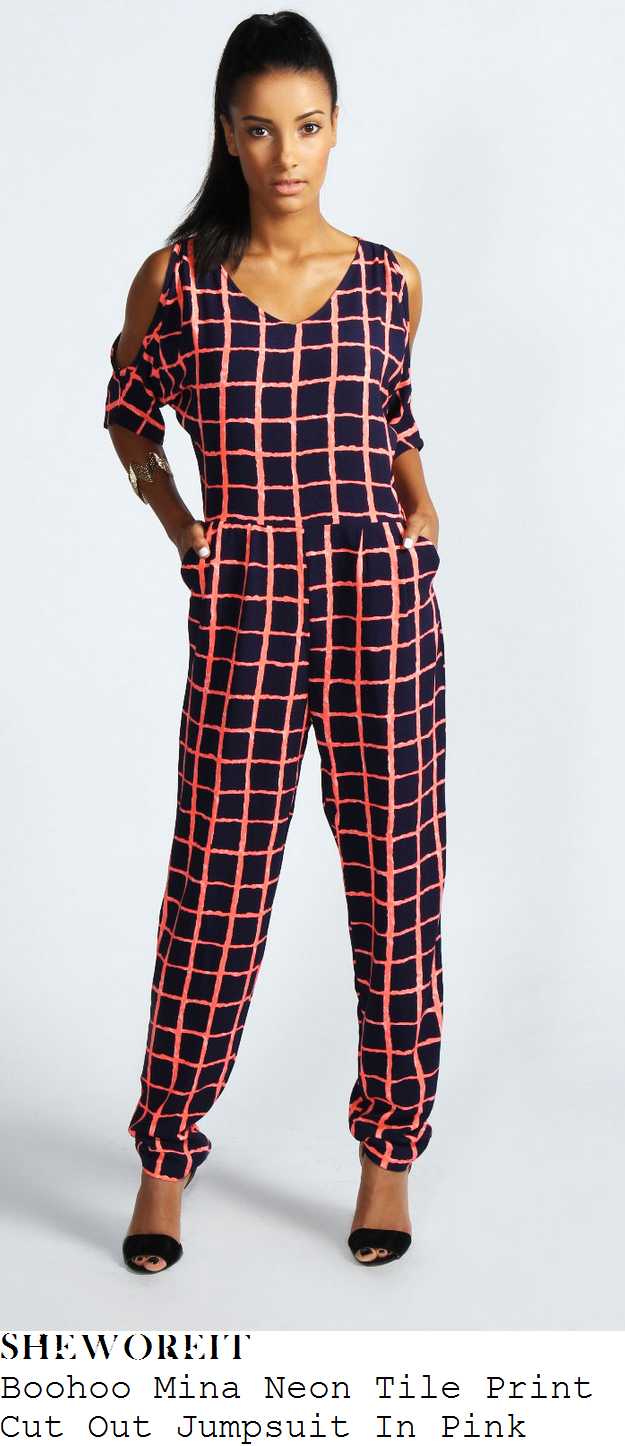 hannah-barrett-neon-pink-and-black-check-print-jumpsuit-x-factor hannah-barrett-neon-pink-and-black-check-print-jumpsuit-x-factor