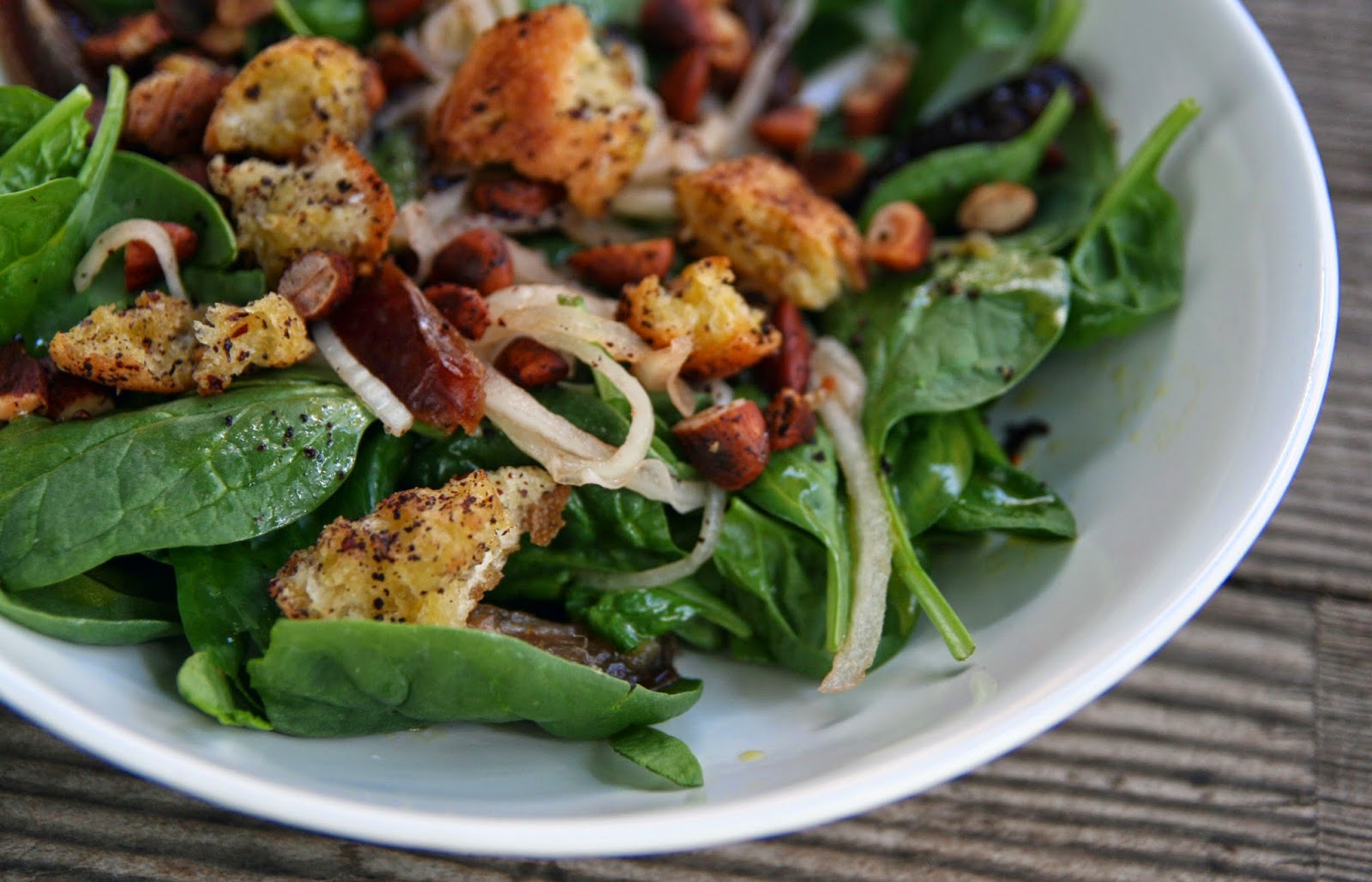 Spinach Salad with Bread, Dates and Almonds Recipe mostly foodstuffs