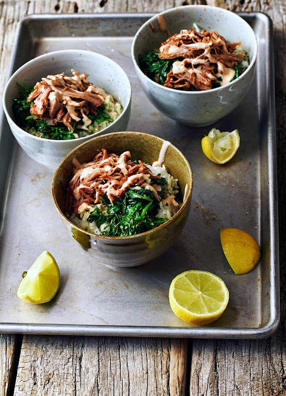 Milk and Honey Pulled Pork and Greens Rice Bowl with Chipotle Yoghurt