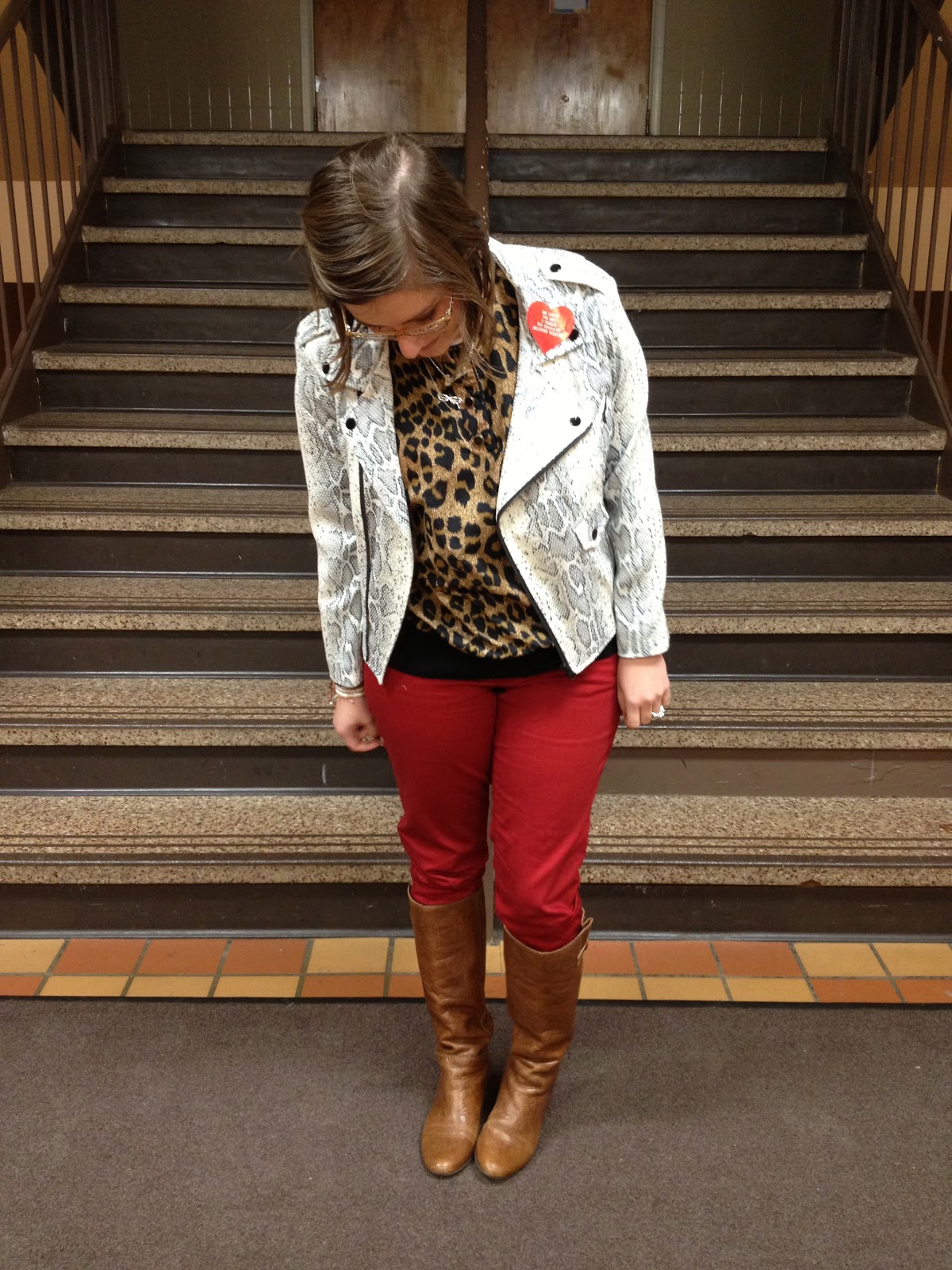 red pants leopard shirt