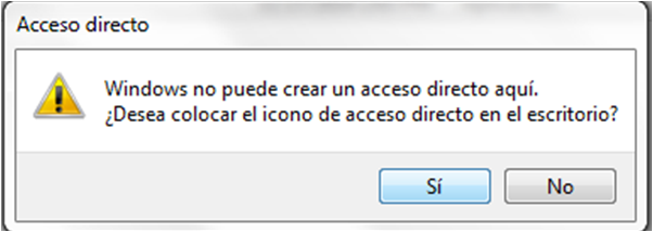 mensaje al no poder crear un acceso directo en un directorio especifico