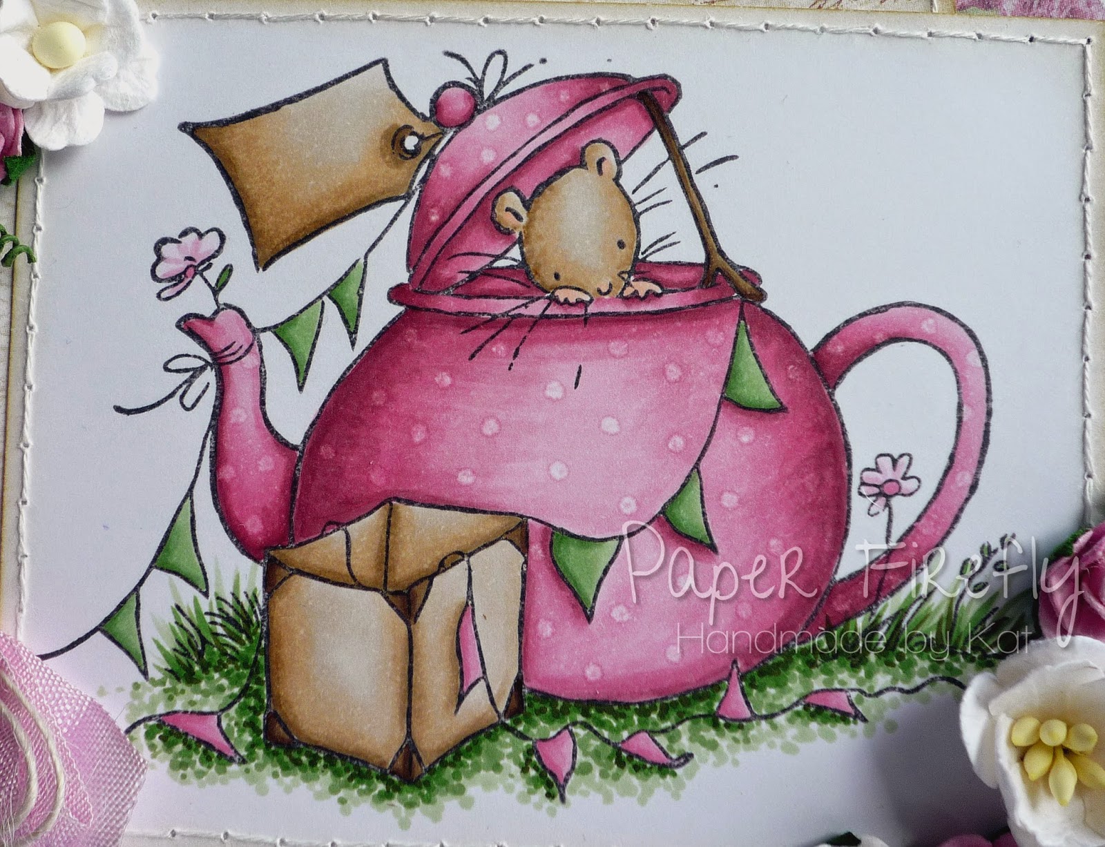 Pink floral criss cross card featuring cute mouse in teapot