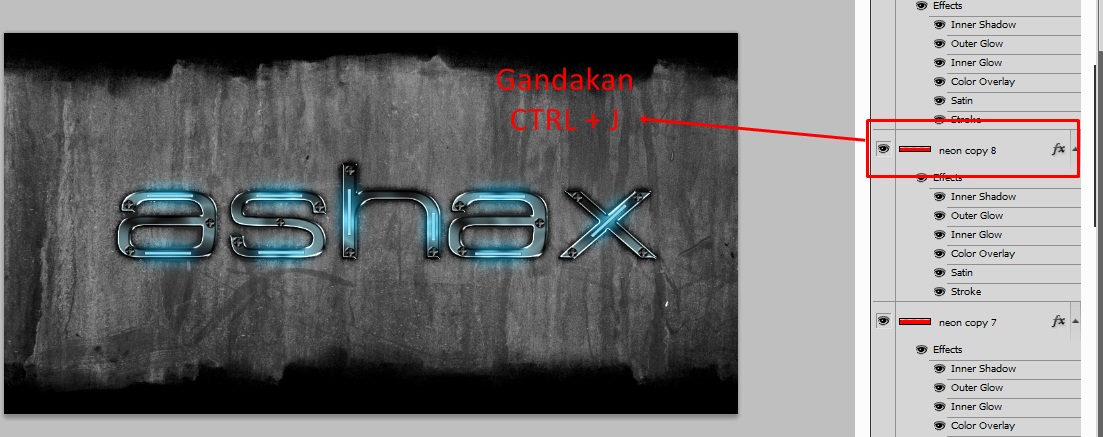 11. Setelah itu anda tinggal menggandakan layer neon itudengan menekan