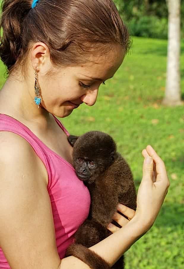 A small cute monkey hangs on a girl.