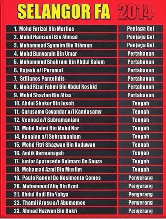 senarai pemain Selangor FA untuk Musim 2014. Untuk JDT pula di SINI