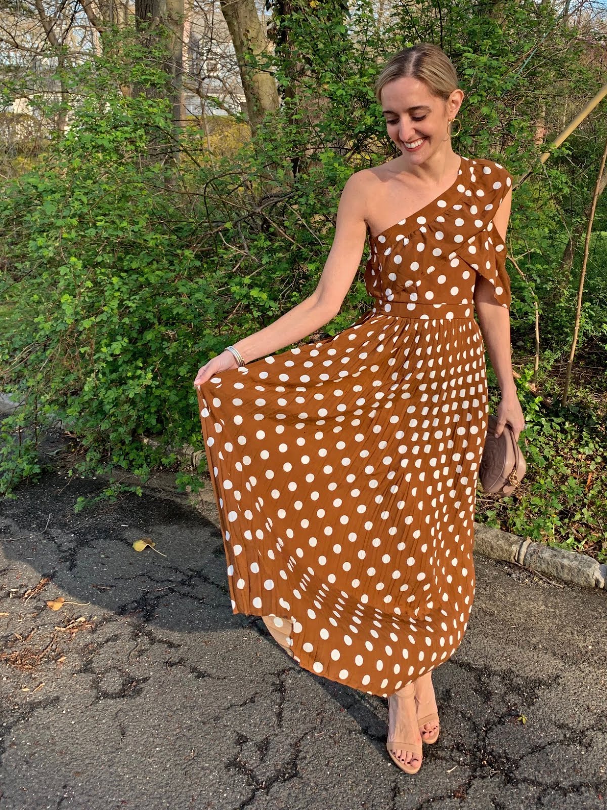 chocolate polka dot one shoulder ruffle detail pleated midi dress