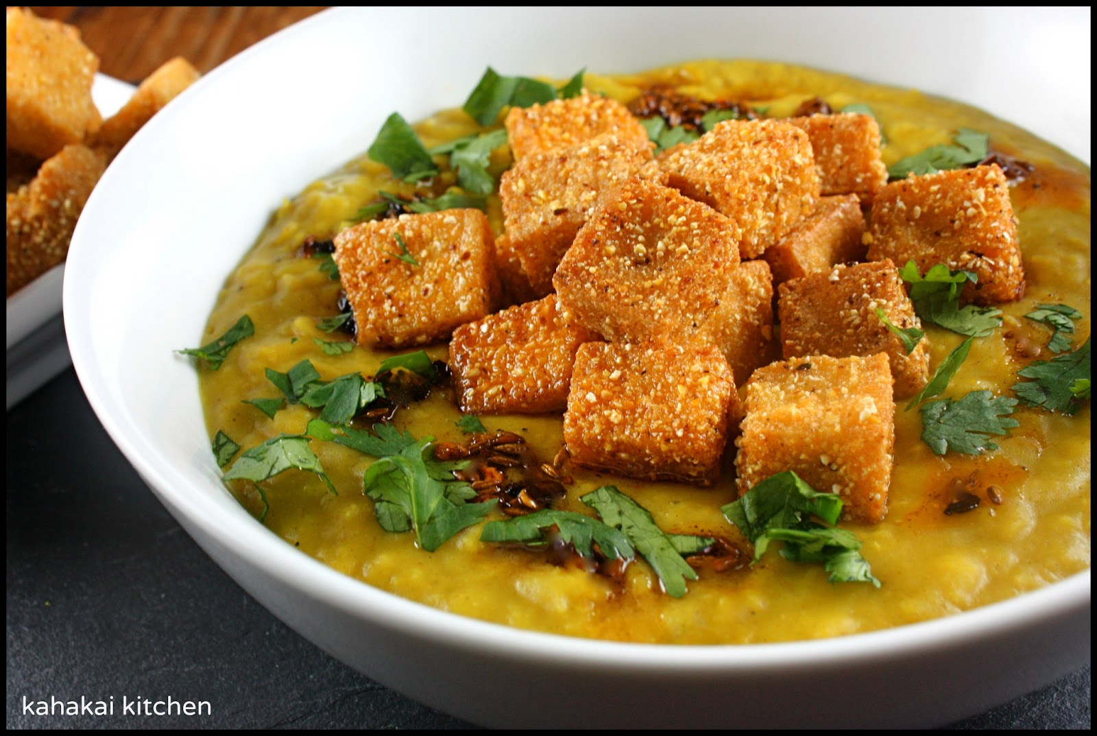 Kahakai Kitchen Red Lentil Soup with Fried Tofu and Chilli Oil for