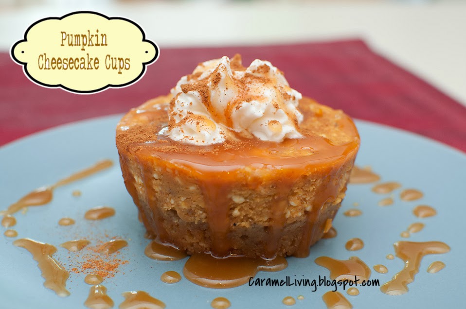 Caramel Living Pumpkin Cheesecake Cups with a microwaveable caramel sauce