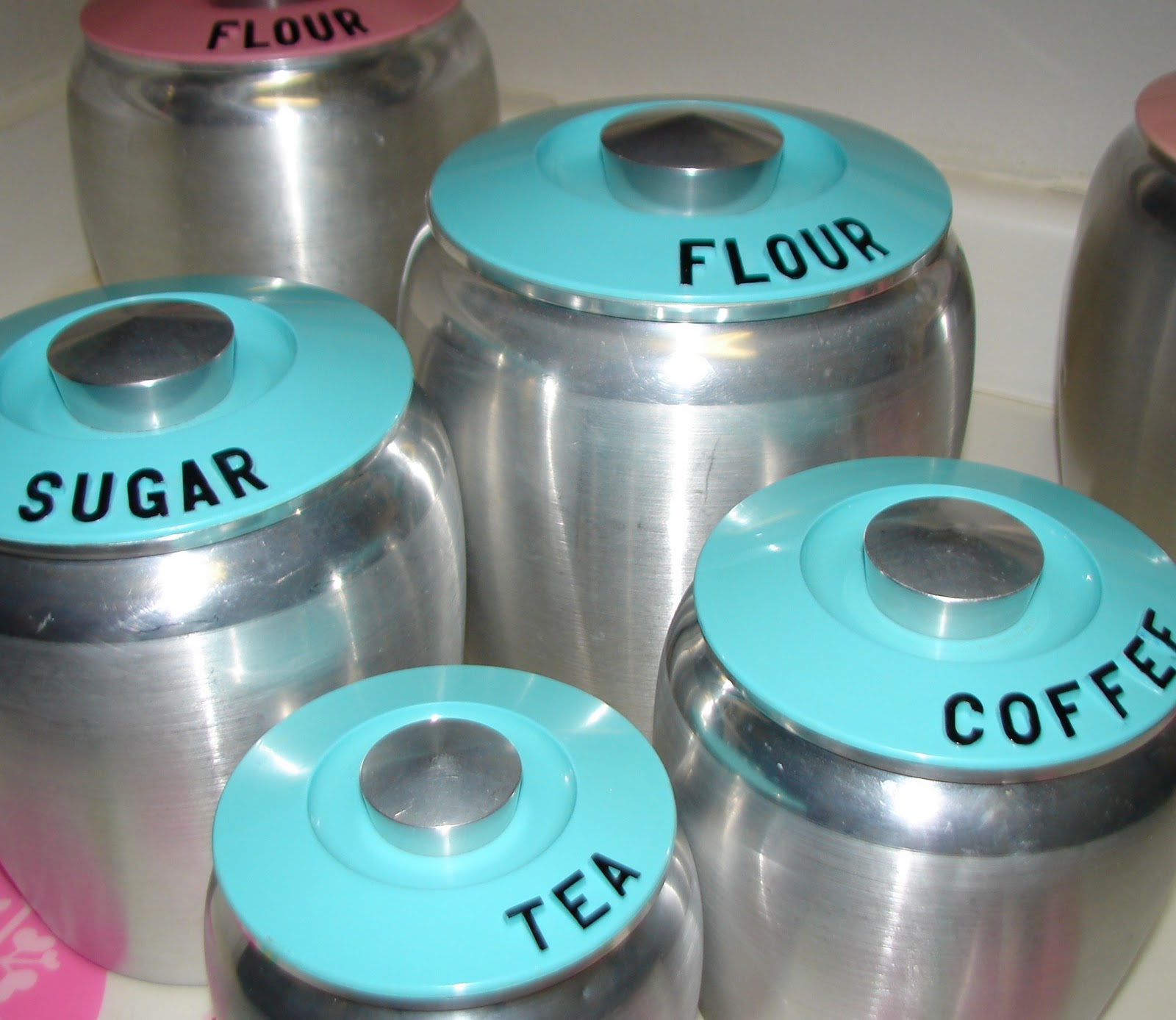 Farm Girl Pink.... Kromex Canisters.... Turquoise & Pink love!