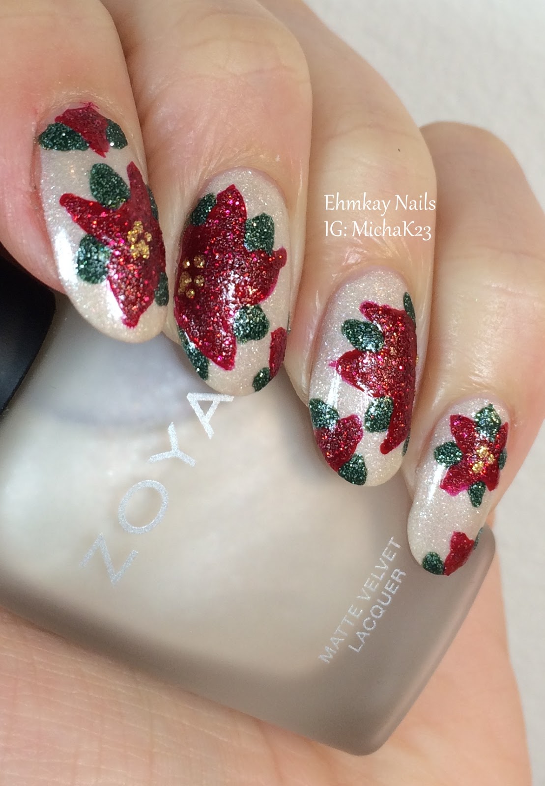 ehmkay nails Christmas Poinsettia Nail Art with Zoya Nail Polish