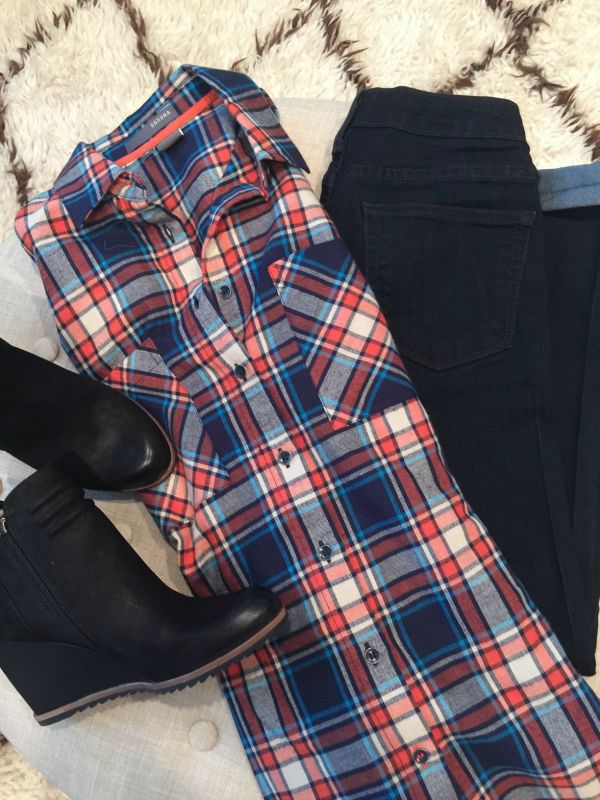 Fall Fashion - plaid boyfriend shirt, skinny jeans, wedge booties
