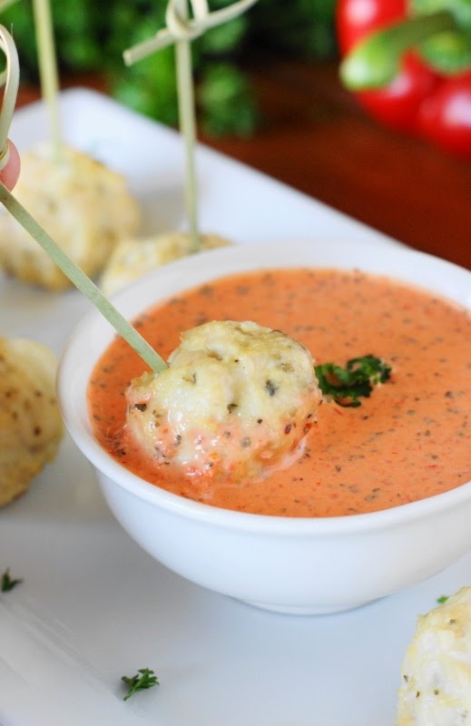 CheeseStuffed Chicken Meatballs & Roasted Red Pepper Sauce The