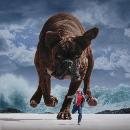 Joel Rea pintura hiper-realista surreal cães gigantes caindo céu Perseguição sob céu prateado Joel Rea pintura hiper-realista surreal cães gigantes caindo céu Perseguição sob céu prateado