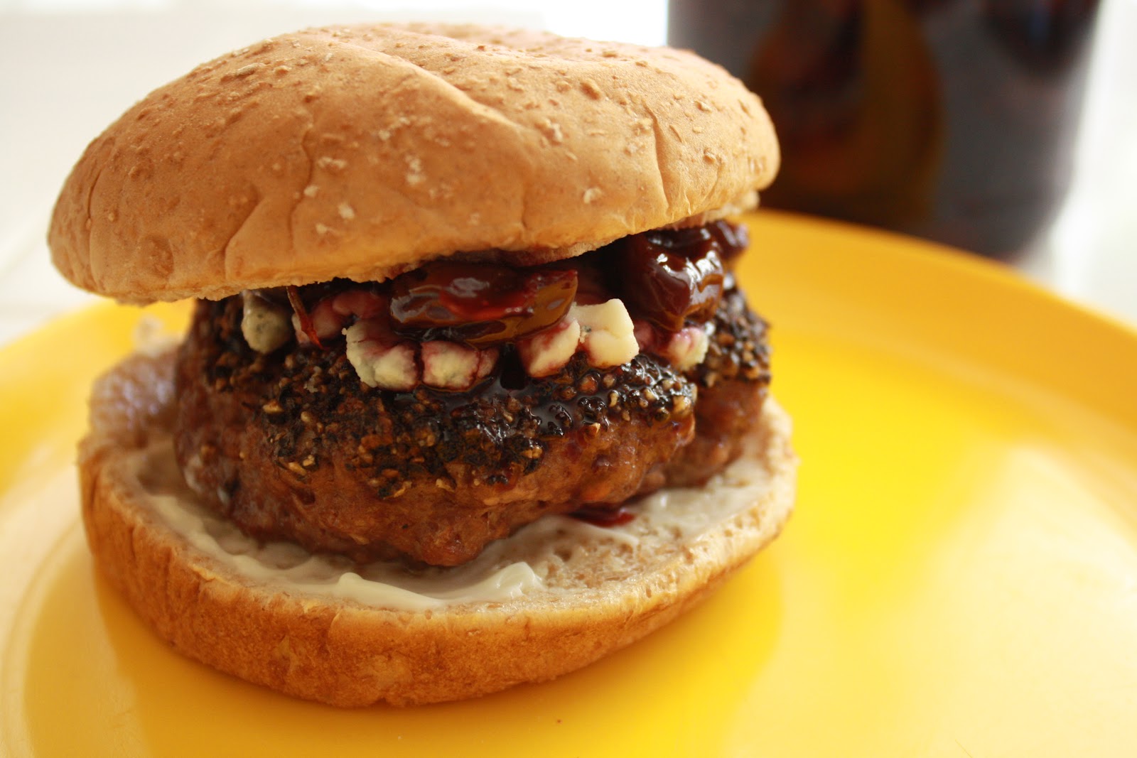 Sip And Chew PeppercornBlue Cheese Burgers with Tangy Cherry Compote