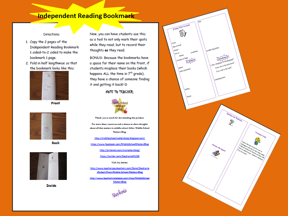 Middle School Matters Blog Independent Reading Bookmark FREEBIE