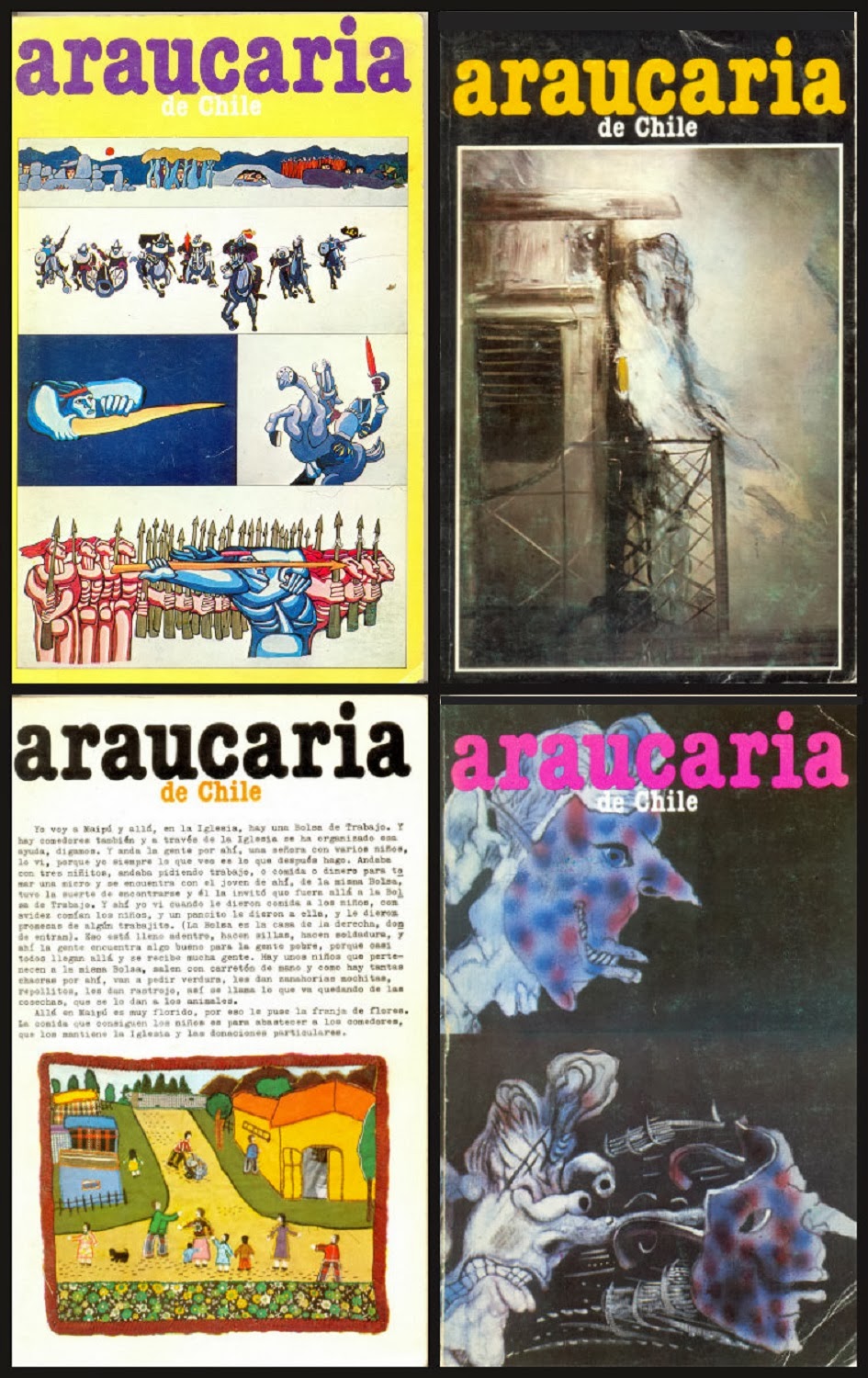 COUVERTURES DES REVUES « ARAUCARIA DE CHILE » N° 5 DESSIN CÉSAR OLHAGARAY; N° 6 PEINTURE DE GASTÓN ORELLANA; N° 7 REPRODUCTION D'« ARPILLERA » DES FEMMES DES PRISONNIERS POLITIQUES; N° 9 PEINTURE D'EDUARDO BONATI. ;