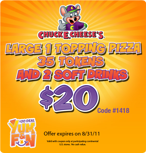 hillbillycoupons Chuck E Cheese Coupon 20.00 July 2011 exp Aug 31st