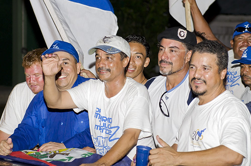 PUP entourage celebrate victory in Orange Walk East elections, March 7, 2012.