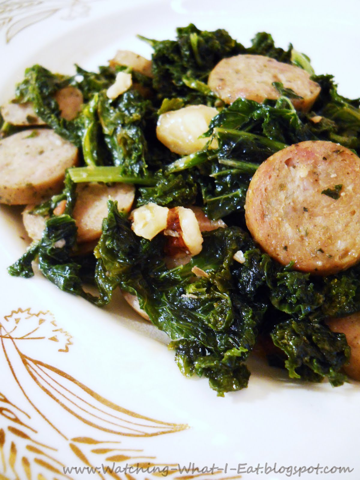 Watching What I Eat Wilted Kale with Sausage & Walnuts