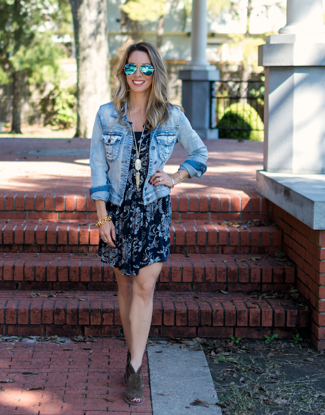 Boho dress with denim jacket best sale