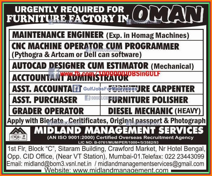 Urgent job vacancies for Furniture Factory OMAN Gulf Jobs for Malayalees