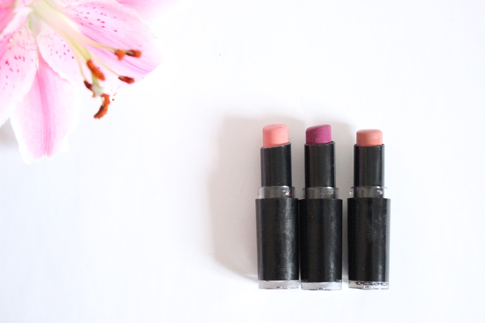 The $2 Most Duped Lipsticks | Wet n Wild Megalast Lipsticks in (L-R) Just Peachy, Sugar Plum Fairy and Bare It All.