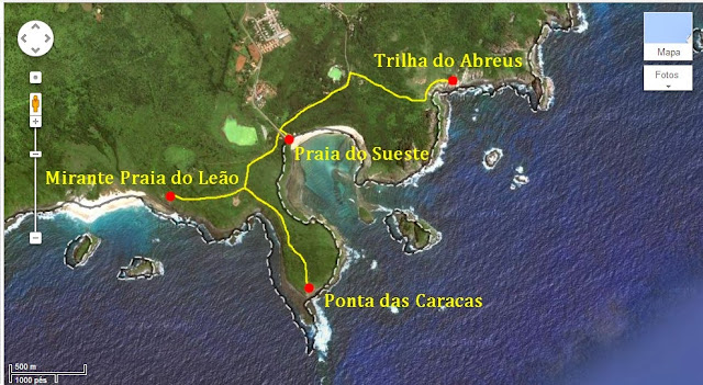Mapa com o trekking da Enseada dos Abreus a Praia do Leão