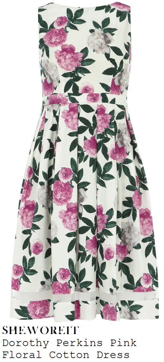 catherine-tyldesley-white-pink-and-green-floral-print-sleeveless-pleated-midi-skater-dress