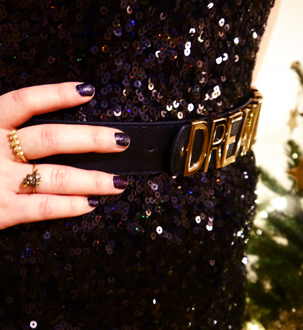 NYE Accessories What Helen Wore, Styled by Helen, New Year's eve outfit, hogmanay style, NYE style, 2016, sequin jumpsuit, French Connection, TK Maxx, Dreamland belt, party outfit, party style, sequin style, Little black dress alternative, festive party style, tatty devine kiss necklace, new look platform shoes, 70s sequin style, red head, scottish blogger, blogging duo, ginger bob, Iolla glasses, #seewithiolla, clear glasses