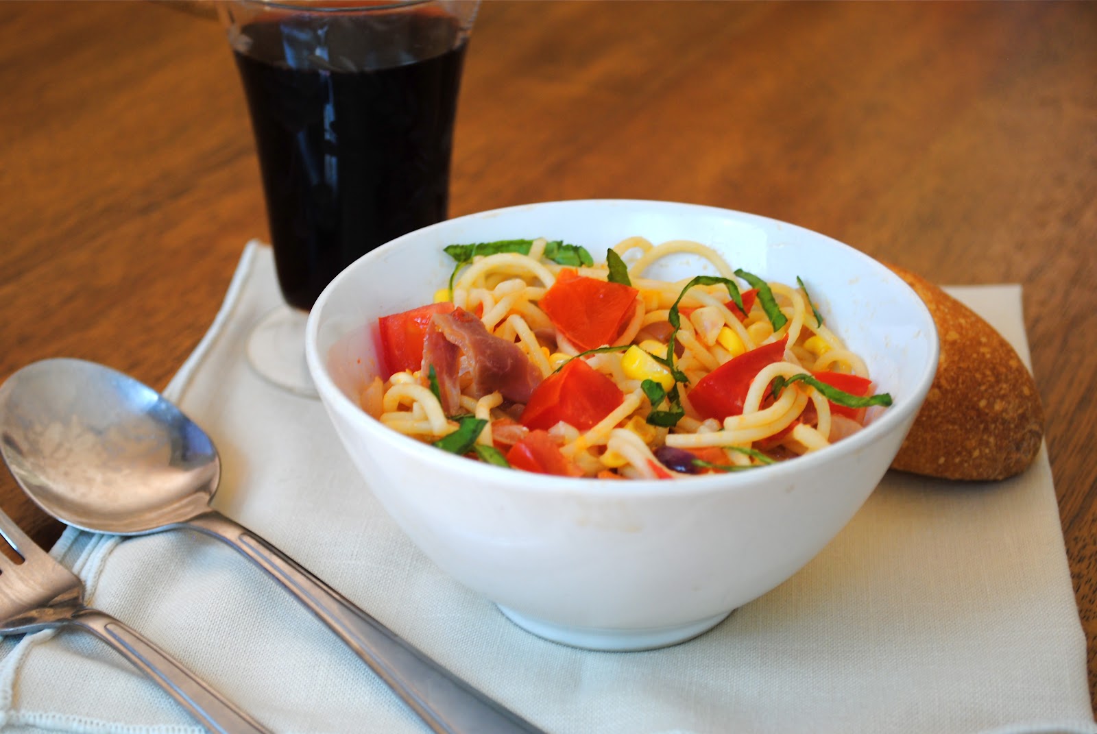 Spaghetti with Tomatoes, Prosciutto and Fresh Corn Virtually Homemade