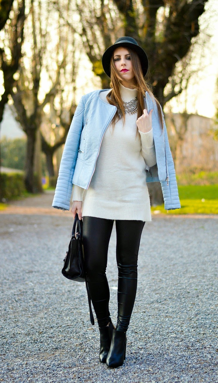 Zara Pastel Blue Biker Jacket Leather Leggins Borsalino Hat Zign Boots Zara Black Mini Leather City Bag outfit primaverile spring look Thesparklingcinnamon