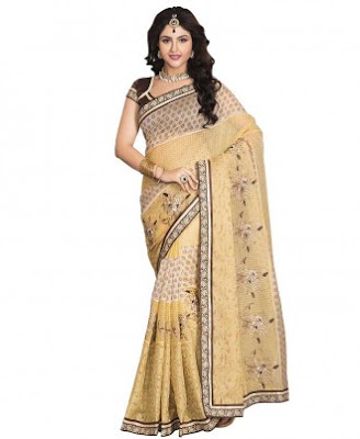 Yellow And Cream Coloured Super Net Saree