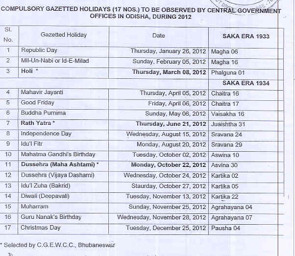 Turin italy AIPEU KORAPUT DIVISIONAL BRANCH: Holiday List for Year 2012