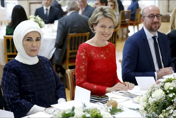 Queen Mathilde of Belgium held a official lunch at the Royal Castle in honor of Turkey's President Recep Tayyip Erdogan and his wife Emine Erdogan