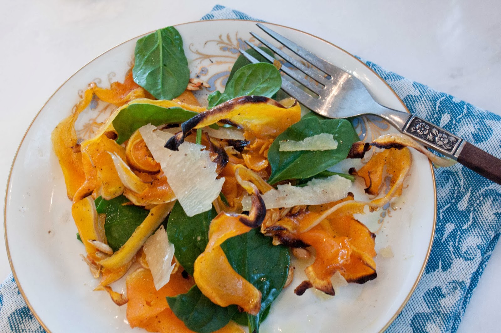 Fat and Happy Blog Roasted Butternut Squash Ribbons with Spinach