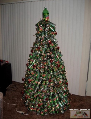 [Christmas tree made of Mountain Dew cans]