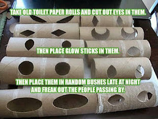 what can you do with a simple toilet paper cardboard inner roll cut eye holes out and slip a glow stick inside place in bushes and trees - Cheap Homemade Halloween Decorations what can you do with a simple toilet paper cardboard inner roll cut eye holes out and slip a glow stick inside place in bushes and trees - Cheap Homemade Halloween Decorations
