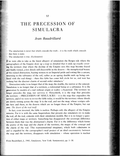 Josh's EPQ: Summary - Simulacra and Simulation (The Precession of Simulacra)