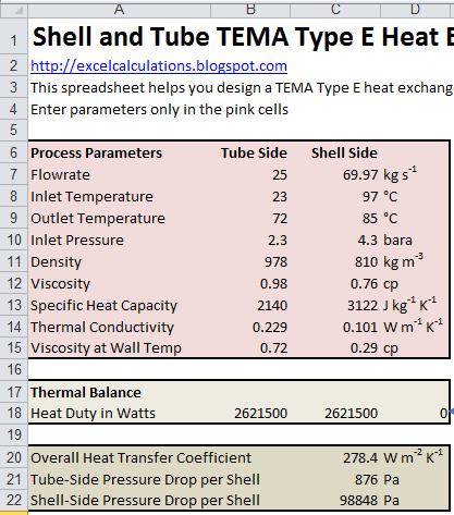 exchanger heat tema excel type sheet calculations tube transfer side shell pressure factor exchangers coefficient drop flow cross friction software