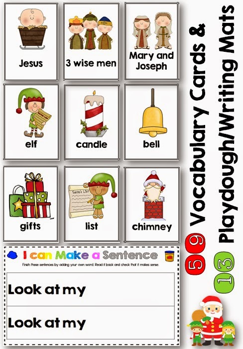 Christmas I can Make a Sentence Play Dough Mats, Vocab. Cards + Record Sheets