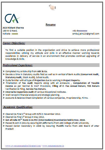 Resume Resume Format Professional India resume samples for chartered accountants in india template format accountant cpa best way