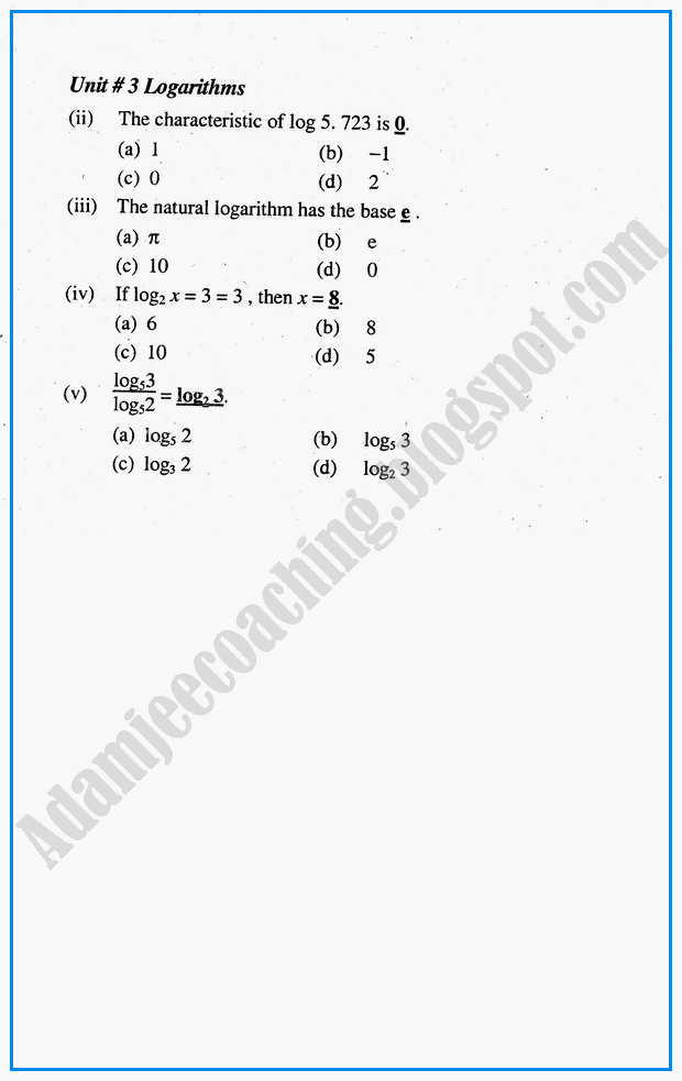 Adamjee Coaching Logarithms Question Answers Mathematics Notes for