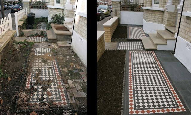 York stone steps and threshold, Victorian mosaic path and bays, paving and brickwork
